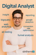 Immagine promozionale per la posizione di Digital Analyst. Design moderno e accattivante con parole chiave come Web Analytics, Data Insight, Funnel Analysis e A/B Testing. Include il logo Sinthema e il titolo del ruolo, senza figure umane, con elementi astratti che richiamano il mondo digitale.