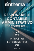 Logo sinthema (identico a quello fornito) in alto a sinistra; titolo centrale in maiuscolo RESPONSABILE CONTABILE AMMINISTRATIVO; etichette digitali sparse con le parole IVA, F24, INTRASTAT, ESTEROMETRO, CU; in basso, BIELLA in dimensione ridotta.